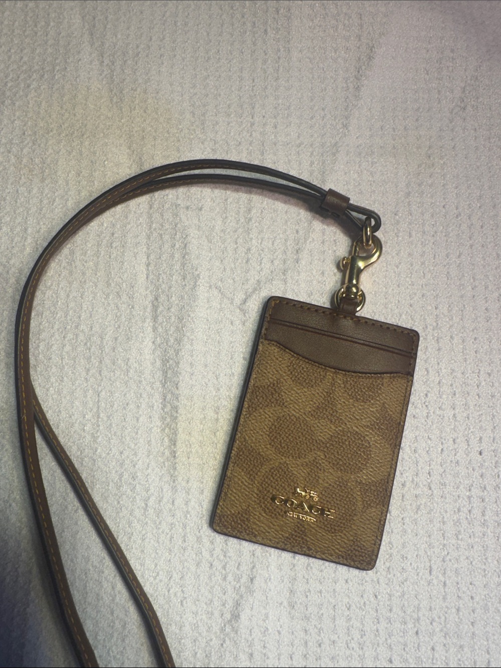 Coach Tan Brown Signature Lanyard Card Holder with Gold Hardware